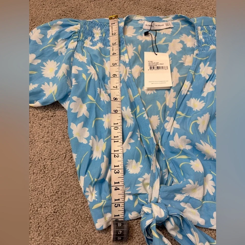 Faithfull the Brand Blue and White Floral Wrap Crop Blouse